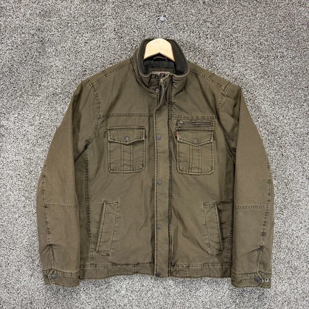 Levis Field Jacket Mens L Olive Canvas Quilted Lined Military Utility Coat